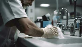 limpiar y Fresco cocina hundir, hombre Lavado manos para higiene generado por ai foto