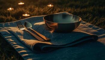 Rustic picnic still life with fresh food on wooden table generated by AI photo