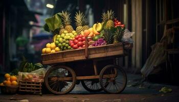 Fresco tropical frutas en un de madera cesta para sano comiendo generado por ai foto