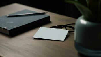 moderno oficina escritorio con blanco papel, negocio tarjeta, y bolígrafo generado por ai foto