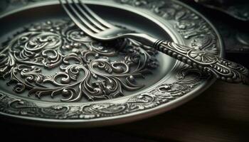 Ornate antique silverware on rustic wooden table, elegant decoration design generated by AI photo