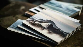 Antique literature collection on old wooden table in nature outdoors generated by AI photo