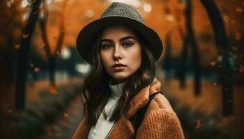 One young woman, outdoors in autumn, looking fashionable and cute generated by AI photo