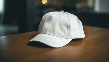 Modern baseball cap design on clean white wall inside store generated by AI photo