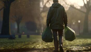 uno hombre que lleva un lleno basura bolso caminando al aire libre generado por ai foto