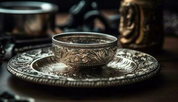 rústico turco café taza brilla en florido antiguo vajilla todavía vida generado por ai foto