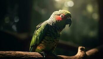 Vibrant macaw perching on branch in tropical rainforest beauty generated by AI photo