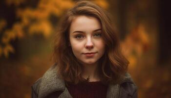 Smiling young woman in autumn forest, beauty in nature portrait generated by AI photo