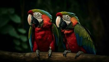Vibrant multi colored macaw perching on branch in tropical rainforest generated by AI photo