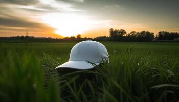 Men playing sports on green meadow at sunset with baseball cap generated by AI photo