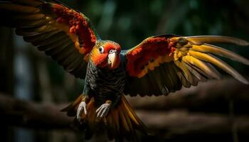 Vibrant macaw perched on branch, showcasing natural beauty outdoors generated by AI photo