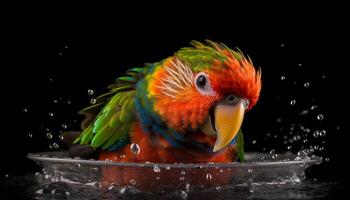 Vibrant macaw perching in tropical rainforest, eating with beak generated by AI photo