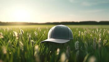 verde gorra en un béisbol campo a atardecer, Perfecto verano deporte generado por ai foto