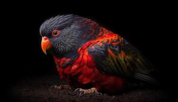 Vibrant macaw perching on branch, feathers multi colored and bright generated by AI photo