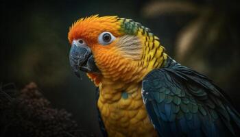 vibrante oro y azul guacamayo encaramado en rama en selva generado por ai foto