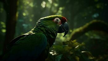 Vibrant macaw perching on branch, showcasing beauty in nature generated by AI photo