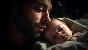 padre y hijo unión en linda dormitorio, abrazando nuevo vida generado por ai foto