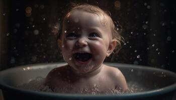 Cute Caucasian toddler enjoying bubble bath in domestic bathroom generated by AI photo