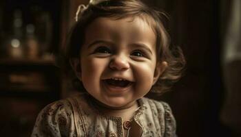 linda niño sonriente con felicidad, alegre retrato adentro, infancia alegría generado por ai foto