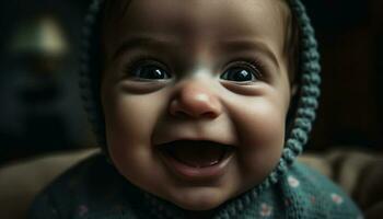 alegre bebé chico sonriente, mirando a cámara con inocencia y alegría generado por ai foto