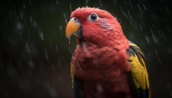 Vibrant macaw perching on wet branch in tropical rainforest generated by AI photo