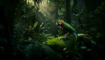 Vibrant macaw perching on branch in tropical rainforest eating leaf generated by AI photo