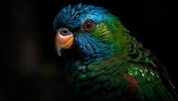 Vibrant macaw perching on branch, looking at camera in rainforest generated by AI photo