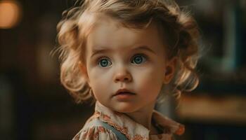 Smiling toddler with blond hair looking at camera indoors cheerfully generated by AI photo