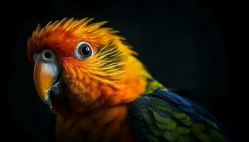 Vibrant macaw perching on branch, showcasing multi colored feathers generated by AI photo