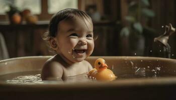A cheerful baby boy playing in a bubble bath tub generated by AI photo
