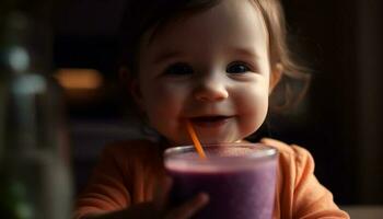 Cute Caucasian girl smiling, holding fresh fruit smoothie indoors generated by AI photo