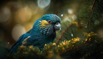 Vibrant macaw perching on branch, feathers multi colored, tropical beauty generated by AI photo