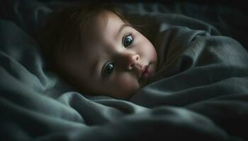 linda caucásico bebé chico acostado abajo en suave azul cobija generado por ai foto