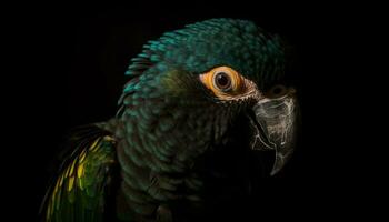 Vibrant macaw perching on branch, looking at camera in rainforest generated by AI photo