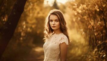 One young woman standing in nature, radiating beauty and elegance generated by AI photo