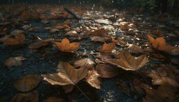 Vibrant autumn foliage reflects in tranquil pond, nature beauty showcased generated by AI photo