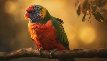 Vibrant macaw perching on branch in tropical rainforest habitat generated by AI photo