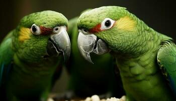 Vibrant macaw perching on branch, staring with bright eyes generated by AI photo