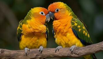 Vibrant macaw perching on branch, looking at camera with beak generated by AI photo