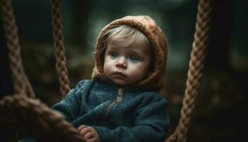 Cute Caucasian toddler boy swinging outdoors in warm winter jacket generated by AI photo