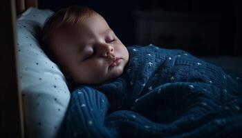 Newborn baby boy sleeping peacefully wrapped in soft blanket indoors generated by AI photo