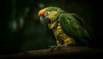 Vibrant macaw perching on branch in tropical rainforest habitat generated by AI photo