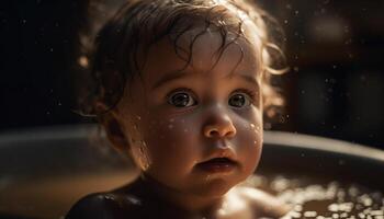 Cute Caucasian baby girl enjoying shampoo in bathtub, smiling joyfully generated by AI photo