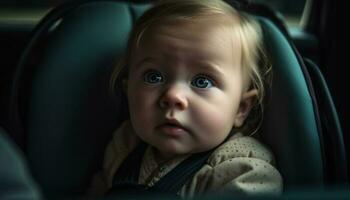 linda bebé chico sentado en coche asiento, mirando a cámara generado por ai foto