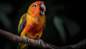 Vibrant macaw perching on branch, feathers multi colored in nature generated by AI photo