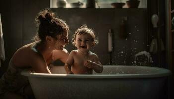 One cheerful family bonding in domestic bathroom washing small offspring generated by AI photo
