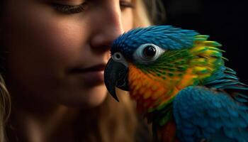 Vibrant macaw perching on branch, beauty in nature portrait generated by AI photo