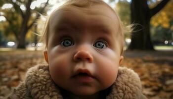 Playful baby boy smiles in autumn forest, surrounded by nature generated by AI photo