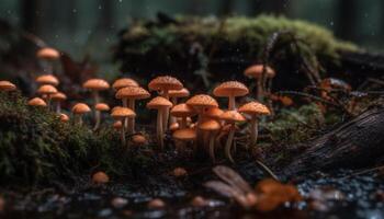 Fresh fly agaric mushroom cap spotted in wet autumn forest generated by AI photo