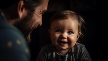 un alegre familia retrato de un linda caucásico bebé chico abrazando su cariñoso padre generado por ai foto